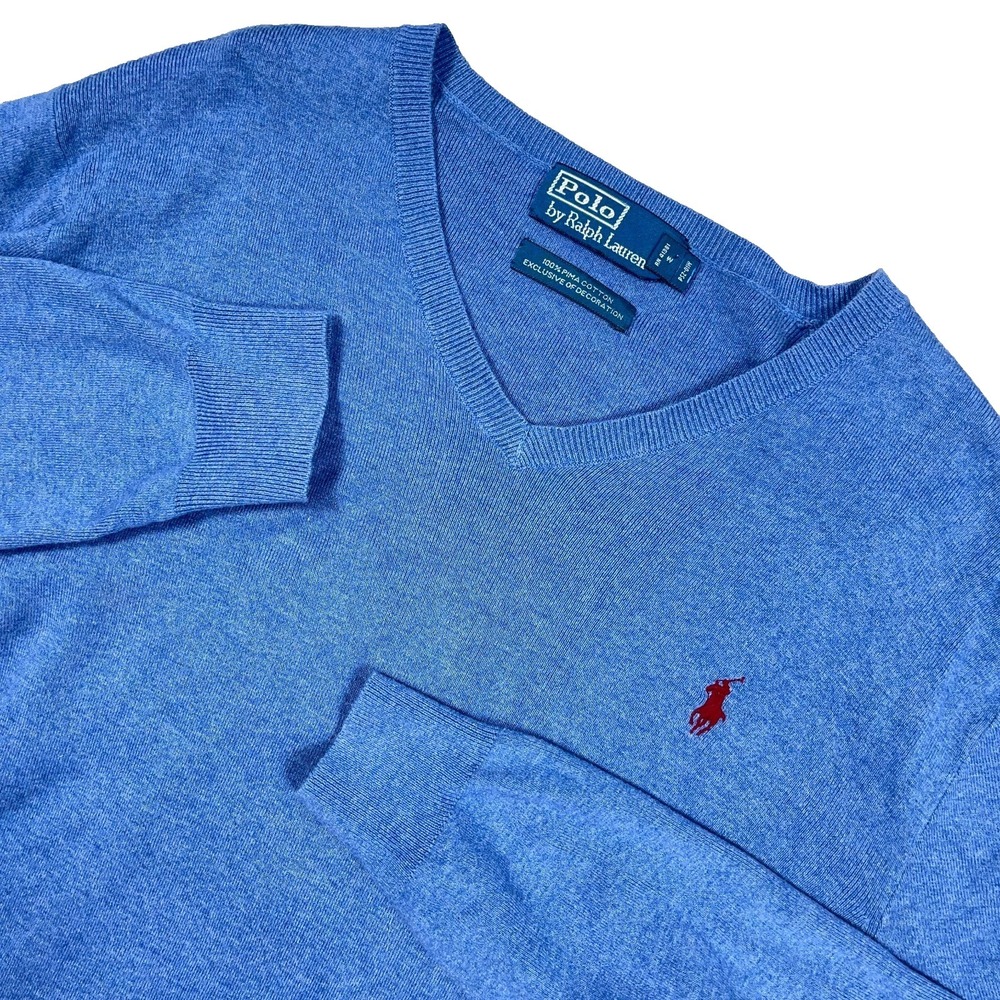 Polo Ralph Lauren Sweater Men Medium Blue Red Pony Pima Cotton V Neck Soft Adult